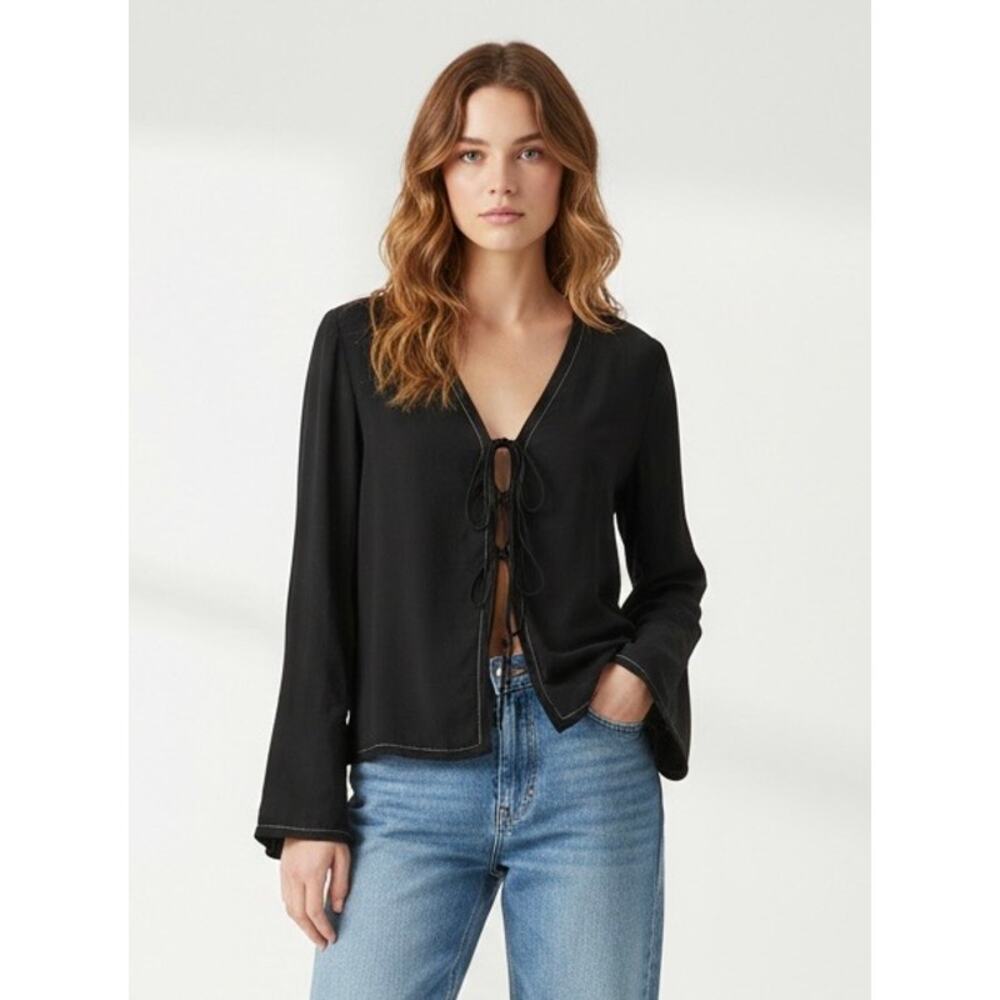 Zara Black Tie-Front Blouse Top Contrast White Stitching Bell Sleeve Y2K‎ Small